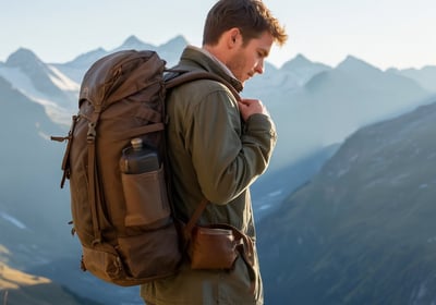 Hombre joven con mochila de senderismo, de pie en una montaña al amanecer, contemplando el paisaje.