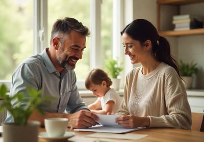 Familia sonriente revisando documentos en casa, en un ambiente cálido y natural.