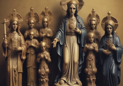 A collection of colorful religious figurines and statuettes on display, including representations of saints, angels, and other religious symbols. The statues are highly detailed, with some dressed in red and others in blue or white garments. A prominent figure in red is holding a scythe, and there is also a sign reading 'Poderoso Talisman Super Protector'.