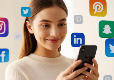 A picture of a young lady holding her iPhone and smiling as she uses social media and social media icons float around her he 