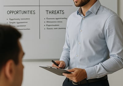 A professional man holding a clipboard stands in front of a whiteboard with a visible SWOT analysis,