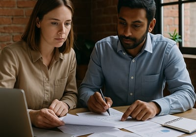 A South Asian man and a Caucasian woman in business casual attire sit at a wooden table in a brick-w