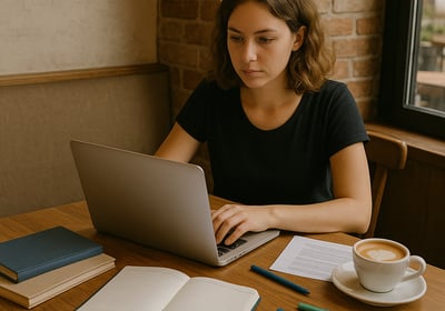 a woman sitting at a table with a laptop and a cup of coffee