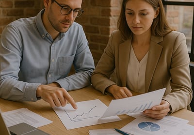 A man and woman in business casual attire sit in a brick-walled office reviewing printed charts and