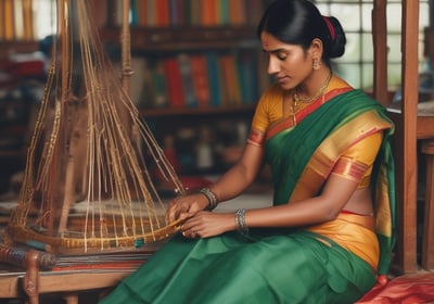 A textile shop displays an array of colorful fabrics neatly stacked on shelves. A man in traditional attire appears to be organizing or handling the fabrics. Three other men in similar attire are seated outside the shop, engaged in conversation while having tea. The shop has signs with text in what appears to be Bengali or a similar script.