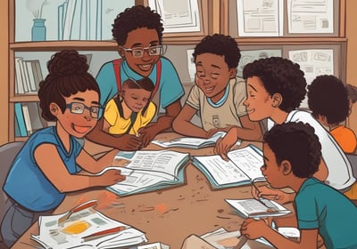 A classroom of engaged students, primarily young women, are sitting in rows wearing white uniforms with braided hair. They appear to be focused and attentive, suggesting a classroom setting. The sunlight filters through the windows, creating a warm ambiance.