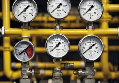 A complex arrangement of pipes, gauges, and valves typically found in a utility or maintenance room. The pipes are labeled for different water types, such as tempered water, domestic hot water, and domestic cold water. Several circular gauges display pressure readings, and there are multiple valves with yellow handles.