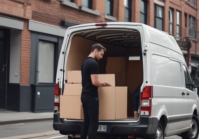 a man standing in front of a van with boxes