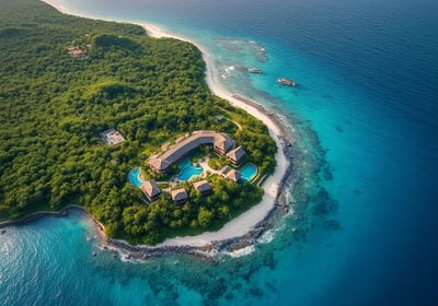 An aerial perspective showcasing a luxurious resort nestled amidst lush greenery