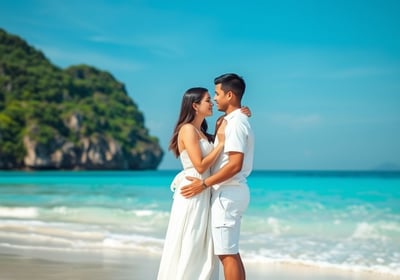 A young couple dressed in white cotton attire shares an intimate moment on the pristine beaches of P