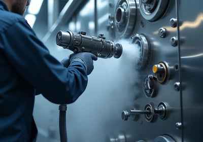 Close-up shot of a technician using dry ice blasting equipment on stainless steel medical equipment.