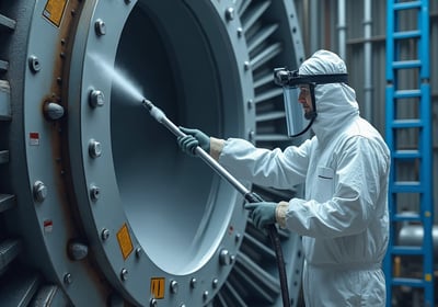 Industrial technician in cleaning a massive power generator or turbine using dry ice blasting.