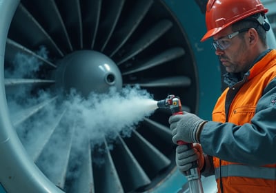 Industrial worker in red safety helmet cleaning an aircraft jet engine using dry ice blasting technique.