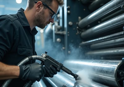 Industrial technician cleaning a large printing press or roller machine using dry ice blasting.