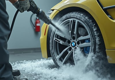 Automotive technician wearing protective respirator mask cleaning a BMW car wheel usin