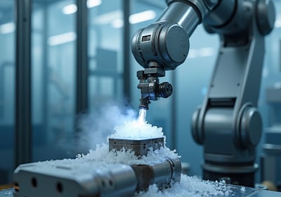 Close-up of an industrial robotic arm performing precision dry ice cleaning 