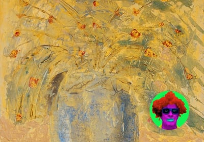 Textured yellow and blue floral painting by Alan Mason, with a surreal pop-art face added in the bottom right corner.