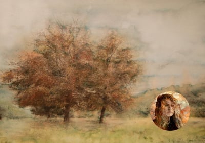 Soft-focus landscape with autumn trees by Gill Mager, artist portrait inset.