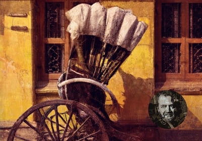 Textured artwork of a vintage rickshaw against a yellow wall by Detlev Bock