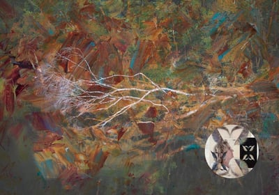 Abstract landscape artwork by Ann Baret with layered earthy tones and delicate white branches