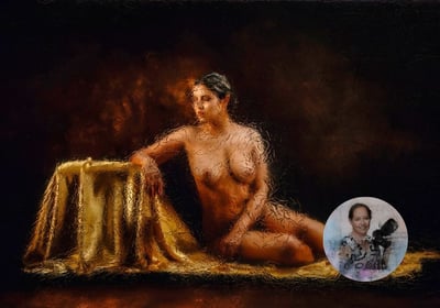 Classical nude study with golden drapery by Mia Joubert, artist portrait inset
