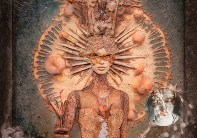 Sculptural mixed media portrait with organic textures by Lize du Plessis