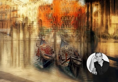 Dreamy Venice scene with gondolas and warm tones by Juan Busciglio, artist portrait inset
