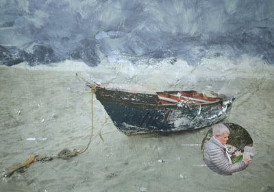 Textured seascape of beached boat under stormy sky by Jean Bradshaw