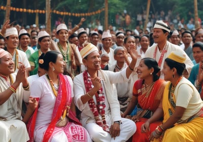 A large crowd gathers by the riverside, participating in a colorful cultural festival. People are dressed in traditional attire, and prominently displayed are intricately designed statues with vibrant colors and elaborate embellishments of a goddess figure. The atmosphere appears festive and spiritual, with many attendees actively engaging and perhaps performing religious rituals.