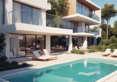 A construction site with several large, modern-looking residential buildings. The landscape in the background shows green fields and distant settlements. There is a swimming pool and a basketball court within the complex. Trees line the edges of the site.