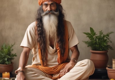 A man dressed in traditional white attire with a golden border is holding a microphone. He has a streak of white paste on his forehead, indicating a cultural or religious mark. In the background, there is a copper vessel placed on a green surface. Another individual is partially visible, also in traditional clothing.