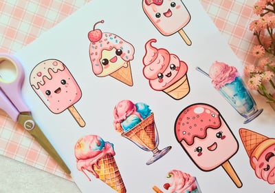 Cute cartoon ice creams and popsicles with smiling faces clipart printed on a piece of cardstock on 