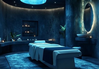 a spa room with a skylight and candles