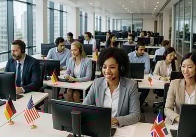 a group of people sitting at desks in a room