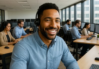 a man in a blue shirt and headphones on a desk
