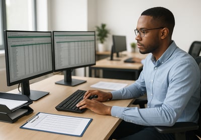 a man sitting at a desk with two monitors and a keyboard