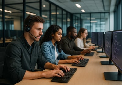 a man in a headset is sitting at a desk with a computer monitor and