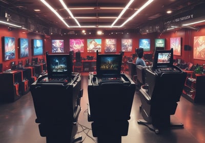 A vibrant casino interior filled with rows of colorful slot machines, each illuminated with bright lights and displays. The ceiling is adorned with elegant chandeliers and golden drapes, creating a luxurious atmosphere. The patterned carpet adds to the elaborate design of the space.