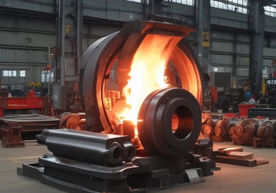 Two men are working high up on a steel structure, likely part of a large bridge or building framework. They are dressed in work clothes and appear to be engaged in construction or maintenance tasks. The background shows the intricate lattice of the structure, indicating an engineering feat.