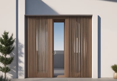 A wooden framed window with a metal grid installed over it. The window panes are reflective, displaying a faint reflection of a building structure and some foliage. The frame is set in a pale-colored wall, and there is a portion of a cream railing visible at the bottom.