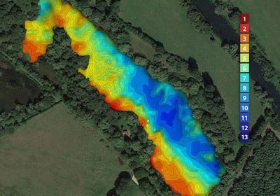 a complete lake depth map with a custom depth scale