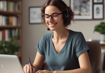 person writing on brown wooden table near white ceramic mug