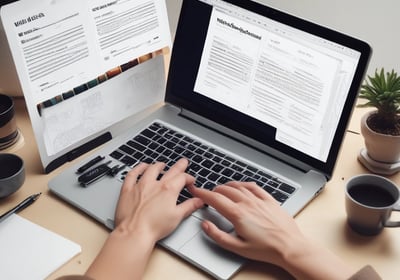 A person is using a laptop displaying a website for designing custom t-shirts. The hands on the keyboard suggest active engagement, with a slice of chocolate cake on a plate and a cup of coffee nearby. A vase with green leaves adds a touch of nature to the scene. A watch is visible on the person's wrist.