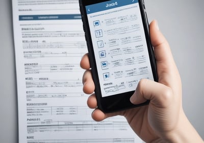 A person is holding a tablet device displaying a digital rendering of a leg with a white medical cast. In the background, there is a medical examination table and glass panels with red stripes.