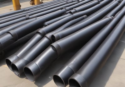 Multiple metal pipes are mounted along a textured concrete wall. The pipes vary in size and are arranged both vertically and horizontally, connected by clamps and a junction box.