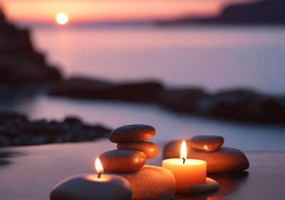 Peaceful candles and stones stacked on the beach