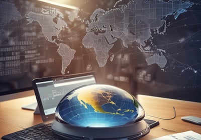 A dimly lit room features a prominent illuminated sign displaying the words 'Sysco LABS.' Below the sign are office desks with various electronic devices, including laptops and cables. The lighting creates a cool and professional atmosphere.