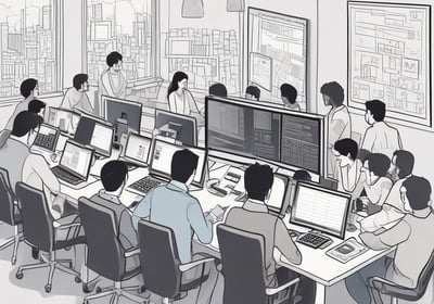 A group of young people are working in a modern office setting with computers. The focus is on a man wearing a black Adidas cap and a black Vans T-shirt, seated on a black and white chair. Others in the background also work on computers, with some standing and one holding a smartphone.