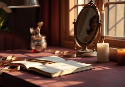 Romantic writing desk with velvet surface, open journal, gold pen, ribbon, and soft candle glow.