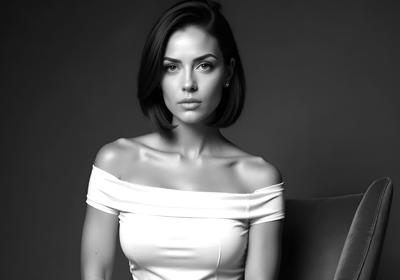 Vivienne Vale seated in a black-and-white portrait, wearing an off-shoulder dress with poised grace.